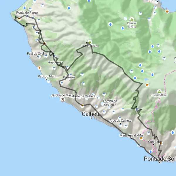 Miniatura do mapa de inspiração para ciclismo "Roteiro da Ponta do Sol" em Região Autónoma da Madeira, Portugal. Gerado pelo planejador de rotas de ciclismo Tarmacs.app