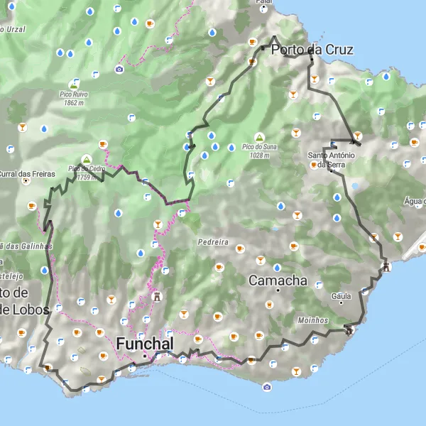 Miniatura do mapa de inspiração para ciclismo "Rota das Levadas e Miradouros" em Região Autónoma da Madeira, Portugal. Gerado pelo planejador de rotas de ciclismo Tarmacs.app