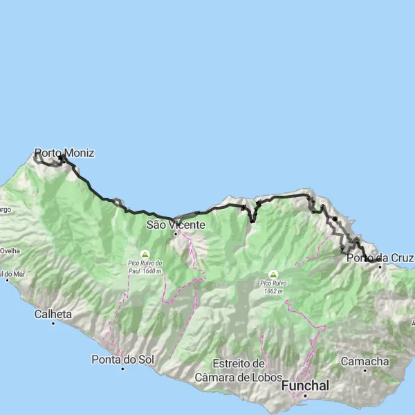 Miniatura do mapa de inspiração para ciclismo "Rota do Norte e Costa Oeste" em Região Autónoma da Madeira, Portugal. Gerado pelo planejador de rotas de ciclismo Tarmacs.app