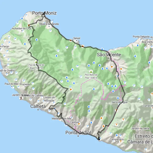 Miniatura do mapa de inspiração para ciclismo "Rota até Porto Moniz" em Região Autónoma da Madeira, Portugal. Gerado pelo planejador de rotas de ciclismo Tarmacs.app