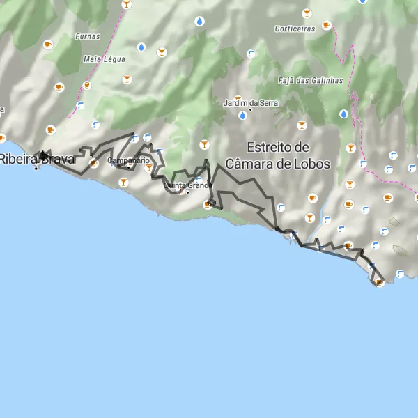Miniatura do mapa de inspiração para ciclismo "Costa Sul até Ribeira Brava" em Região Autónoma da Madeira, Portugal. Gerado pelo planejador de rotas de ciclismo Tarmacs.app