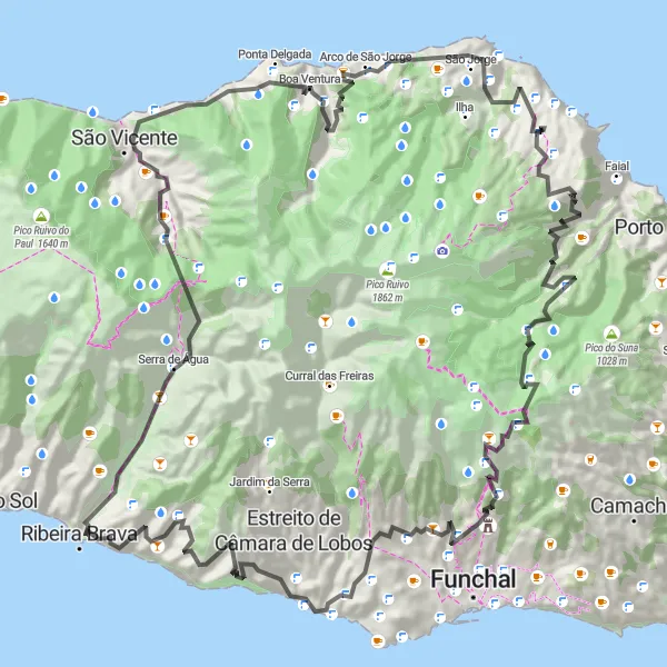 Miniatura do mapa de inspiração para ciclismo "Rota de Santana ao Pico do Areeiro" em Região Autónoma da Madeira, Portugal. Gerado pelo planejador de rotas de ciclismo Tarmacs.app