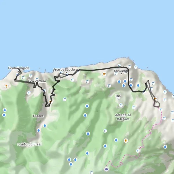 Miniatura do mapa de inspiração para ciclismo "Circuito de São Jorge" em Região Autónoma da Madeira, Portugal. Gerado pelo planejador de rotas de ciclismo Tarmacs.app