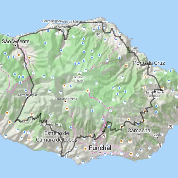 Miniatura do mapa de inspiração para ciclismo "Desafiando as Montanhas da Madeira" em Região Autónoma da Madeira, Portugal. Gerado pelo planejador de rotas de ciclismo Tarmacs.app