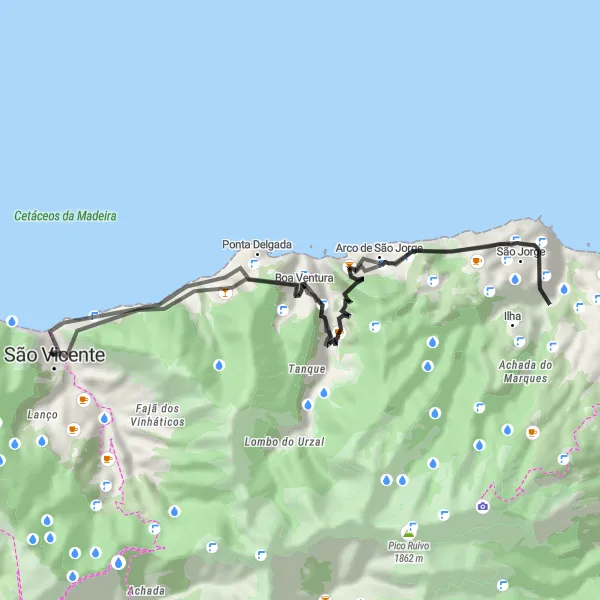 Miniatura do mapa de inspiração para ciclismo "Descobrindo a Costa Norte da Madeira" em Região Autónoma da Madeira, Portugal. Gerado pelo planejador de rotas de ciclismo Tarmacs.app