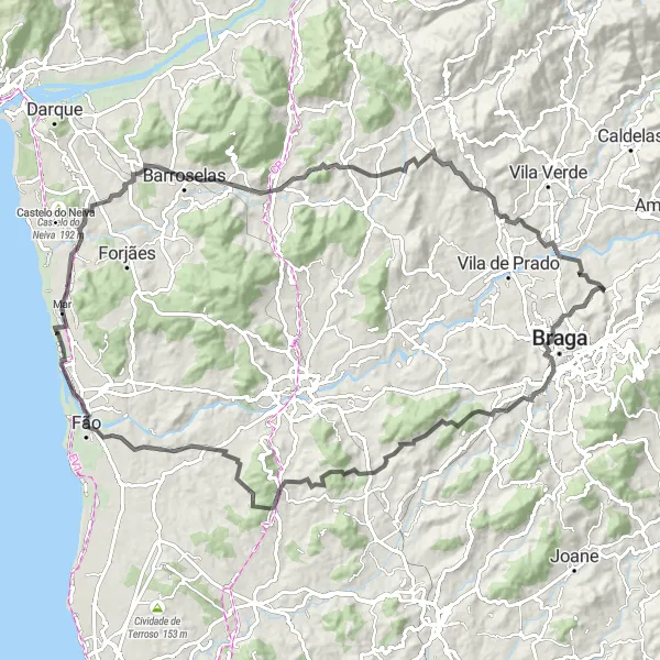 Miniatura do mapa de inspiração para ciclismo "Desafio Rodoviário do Norte de Portugal" em Norte, Portugal. Gerado pelo planejador de rotas de ciclismo Tarmacs.app