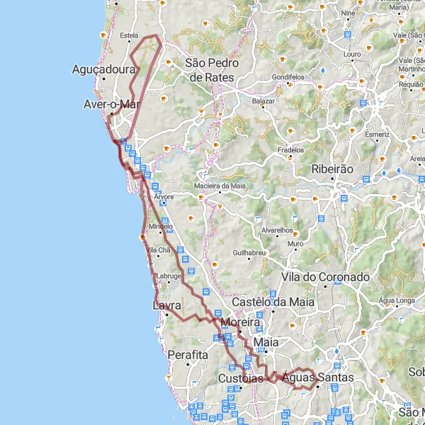 Map miniature of "Águas Santas and Vila do Conde Gravel Adventure" cycling inspiration in Norte, Portugal. Generated by Tarmacs.app cycling route planner