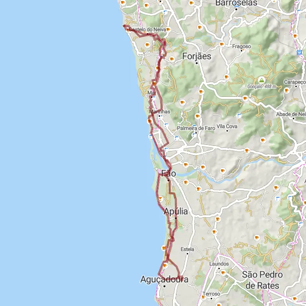 Miniatura do mapa de inspiração para ciclismo "Rota de Apúlia para Aguçadoura" em Norte, Portugal. Gerado pelo planejador de rotas de ciclismo Tarmacs.app