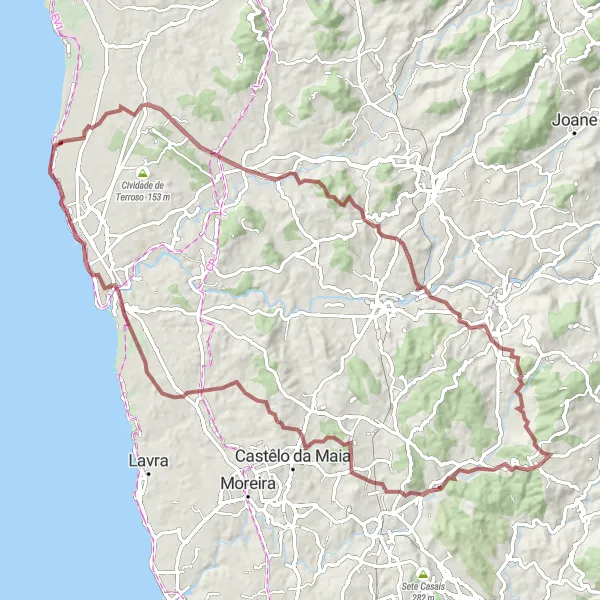 Miniatura do mapa de inspiração para ciclismo "Trilho de Ciclismo Vilarinho das Cambas-Monte Padrão-Seroa-Avioso (Santa Maria)-Modivas-Vista panoràmica-Aver-o-Mar" em Norte, Portugal. Gerado pelo planejador de rotas de ciclismo Tarmacs.app