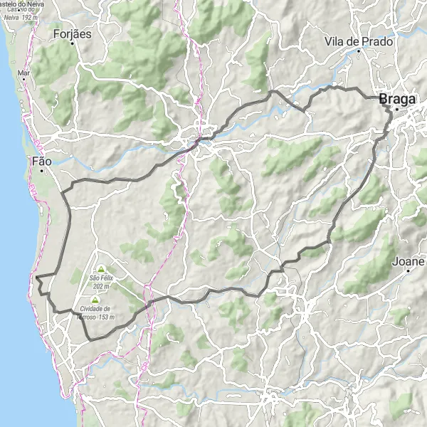 Miniatura do mapa de inspiração para ciclismo "Volta de Bicicleta Gilmonde-Areias-Ferreiros-Louro-Aguçadoura" em Norte, Portugal. Gerado pelo planejador de rotas de ciclismo Tarmacs.app