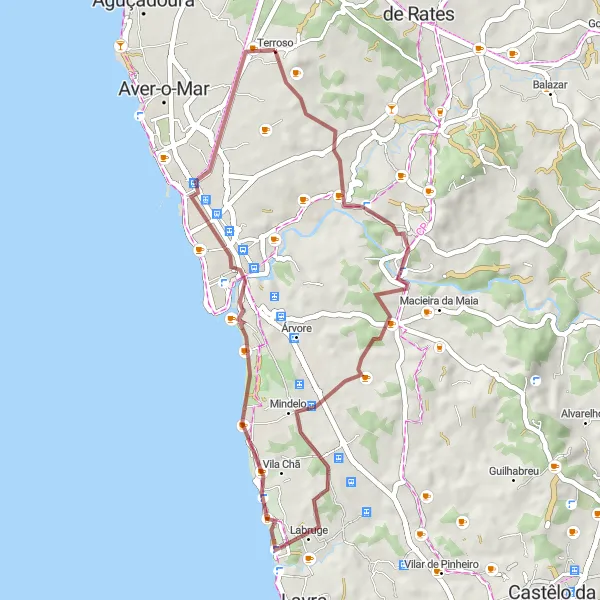Miniatura do mapa de inspiração para ciclismo "Aventura de Gravel pela Reserva Ornitológica de Mindelo" em Norte, Portugal. Gerado pelo planejador de rotas de ciclismo Tarmacs.app
