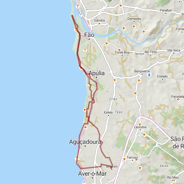 Miniatura do mapa de inspiração para ciclismo "Exploração Costeira de Aguçadoura a Navais" em Norte, Portugal. Gerado pelo planejador de rotas de ciclismo Tarmacs.app