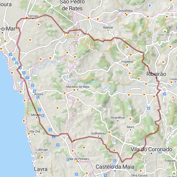 Miniatura do mapa de inspiração para ciclismo "Rota de Ciclismo de Gravel de Amorim a Póvoa de Varzim" em Norte, Portugal. Gerado pelo planejador de rotas de ciclismo Tarmacs.app