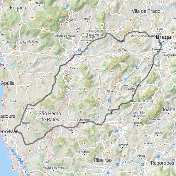 Miniatura do mapa de inspiração para ciclismo "Rota de Ciclismo de Estrada de Amorim a Louro" em Norte, Portugal. Gerado pelo planejador de rotas de ciclismo Tarmacs.app