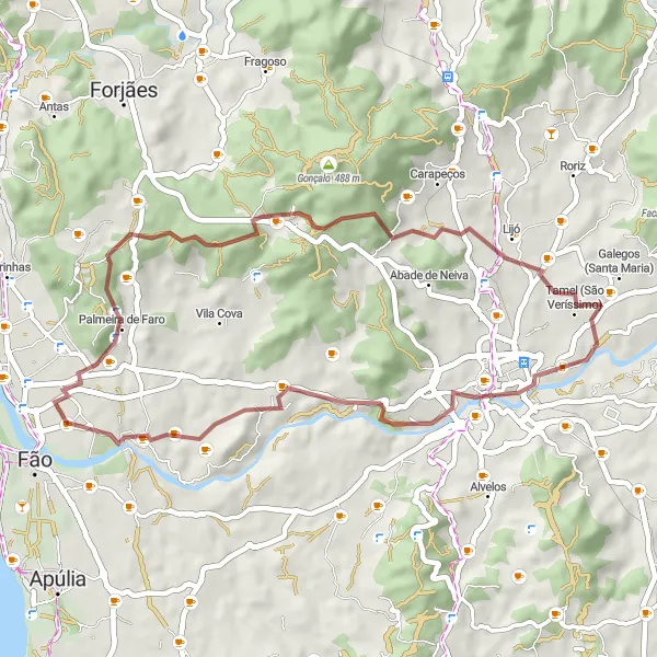 Miniatura do mapa de inspiração para ciclismo "Aventura nas Colinas de Gandra e Gemeses" em Norte, Portugal. Gerado pelo planejador de rotas de ciclismo Tarmacs.app