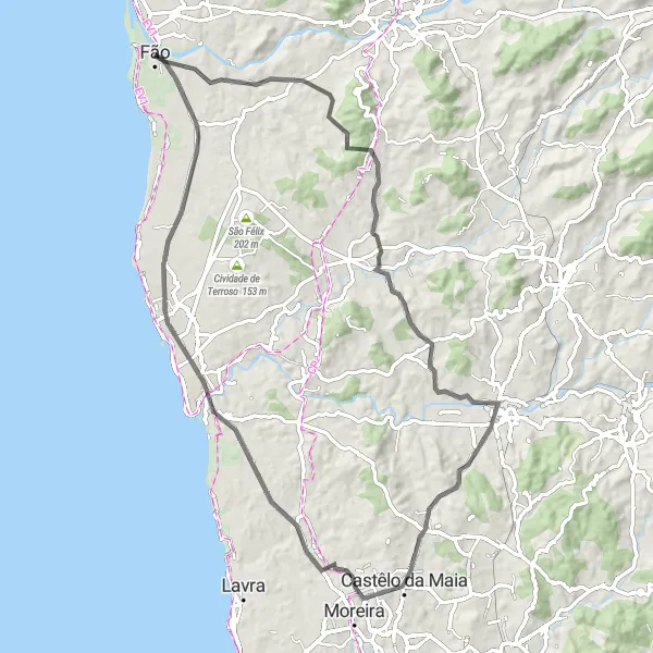 Miniatura do mapa de inspiração para ciclismo "Desafio das Colinas de Apúlia e Fão" em Norte, Portugal. Gerado pelo planejador de rotas de ciclismo Tarmacs.app
