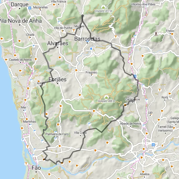 Miniatura do mapa de inspiração para ciclismo "Rota das Aldeias Pintadas de Apúlia e Fão" em Norte, Portugal. Gerado pelo planejador de rotas de ciclismo Tarmacs.app