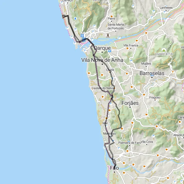 Miniatura do mapa de inspiração para ciclismo "Rota Costeira de Apúlia e Fão" em Norte, Portugal. Gerado pelo planejador de rotas de ciclismo Tarmacs.app