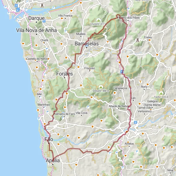 Miniatura do mapa de inspiração para ciclismo "Rota de Gravel pelos Tesouros do Minho" em Norte, Portugal. Gerado pelo planejador de rotas de ciclismo Tarmacs.app