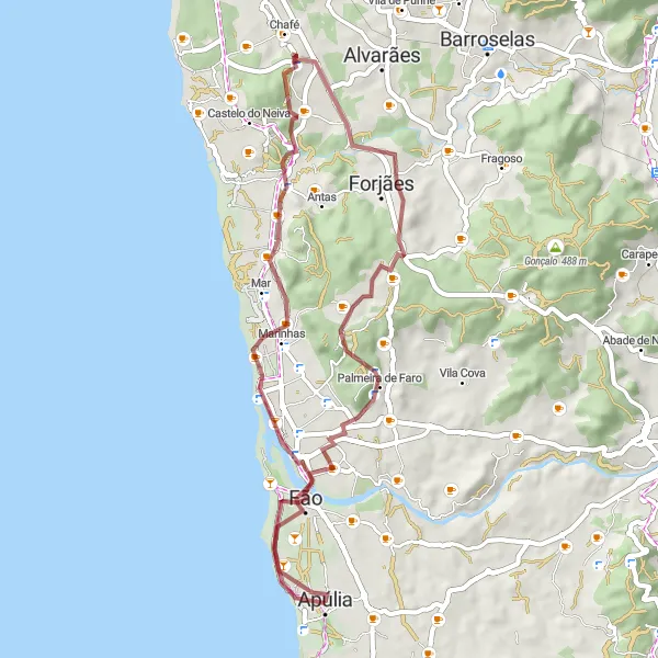 Miniatura do mapa de inspiração para ciclismo "Rota de Gravel em Apúlia e arredores" em Norte, Portugal. Gerado pelo planejador de rotas de ciclismo Tarmacs.app
