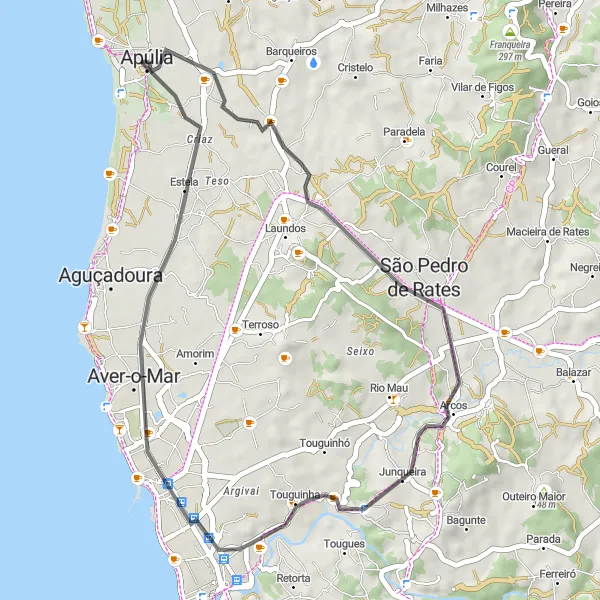 Miniatura do mapa de inspiração para ciclismo "Pelourinho de Rates Road Tour" em Norte, Portugal. Gerado pelo planejador de rotas de ciclismo Tarmacs.app