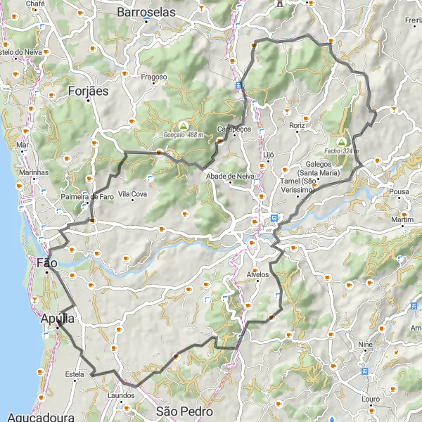 Miniatura do mapa de inspiração para ciclismo "Circuito de Road Cycling com Desafios" em Norte, Portugal. Gerado pelo planejador de rotas de ciclismo Tarmacs.app