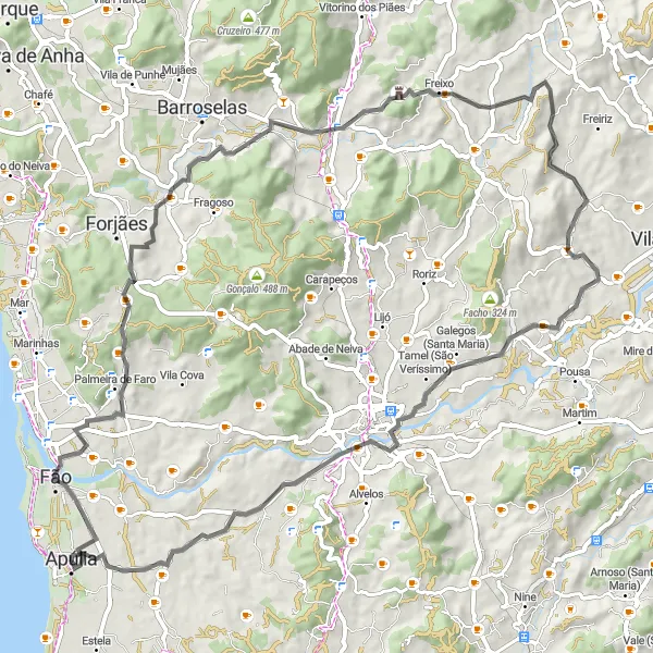 Miniatura do mapa de inspiração para ciclismo "Impressionante Parada de Gatim Road Circuit" em Norte, Portugal. Gerado pelo planejador de rotas de ciclismo Tarmacs.app