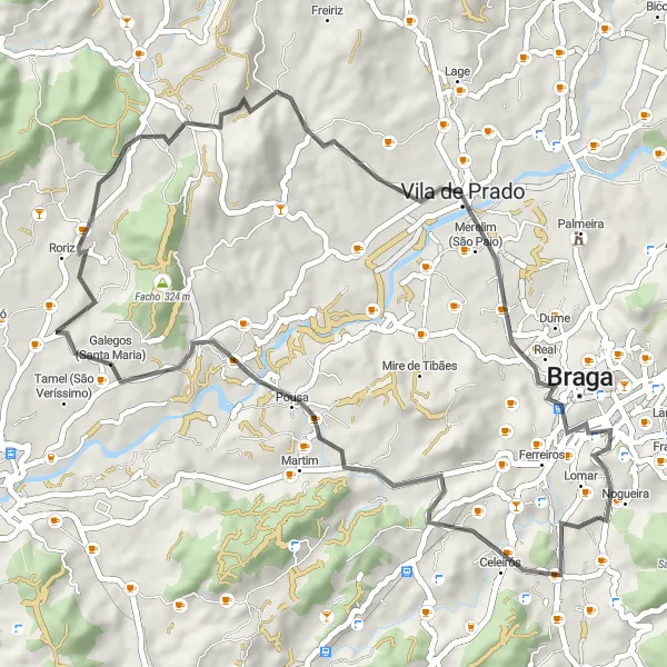 Map miniature of "Cycle across Sequeira and Caldas" cycling inspiration in Norte, Portugal. Generated by Tarmacs.app cycling route planner