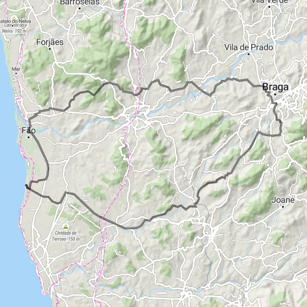 Miniatura do mapa de inspiração para ciclismo "Ciclovia desafiadora de Arcos a Maximinos" em Norte, Portugal. Gerado pelo planejador de rotas de ciclismo Tarmacs.app
