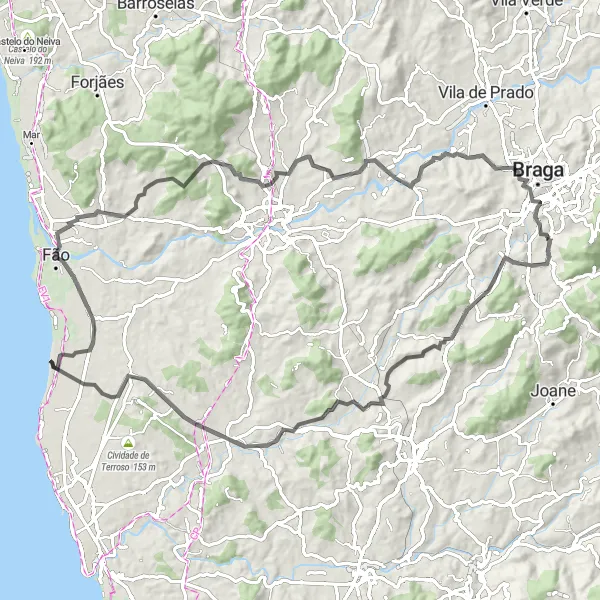 Map miniature of "Arcos - The Coastal Ride" cycling inspiration in Norte, Portugal. Generated by Tarmacs.app cycling route planner