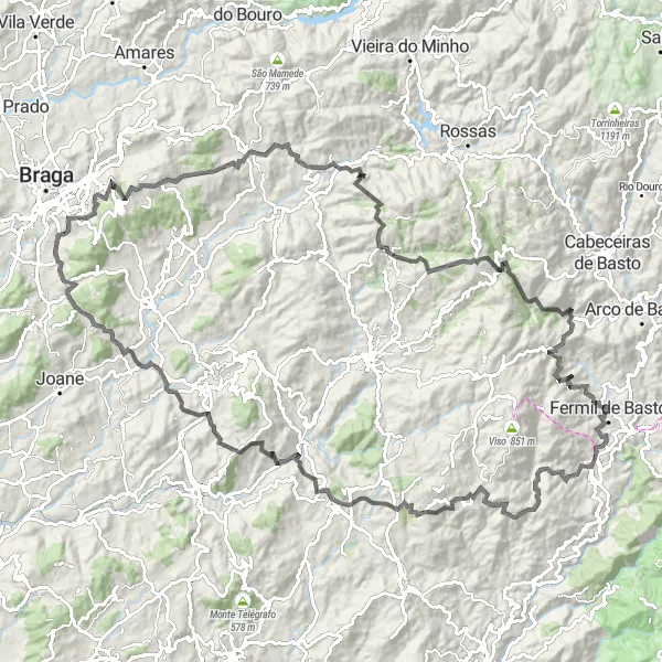 Map miniature of "Arcos - The Mountains and Valleys" cycling inspiration in Norte, Portugal. Generated by Tarmacs.app cycling route planner