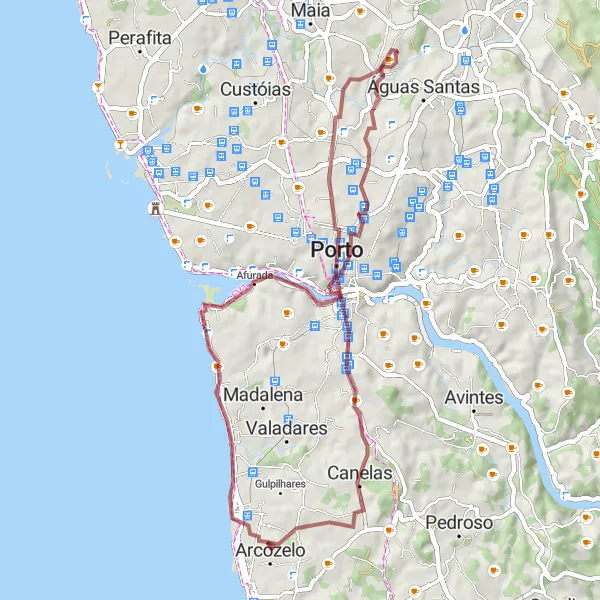 Miniatura do mapa de inspiração para ciclismo "Rota de Gravel por Vila Nova de Gaia e Canelas" em Norte, Portugal. Gerado pelo planejador de rotas de ciclismo Tarmacs.app