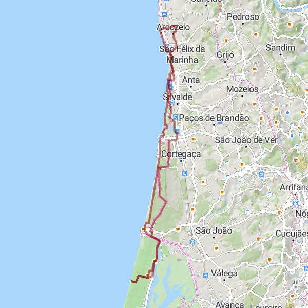 Miniatura do mapa de inspiração para ciclismo "Trilha Costeira de Arcozelo" em Norte, Portugal. Gerado pelo planejador de rotas de ciclismo Tarmacs.app