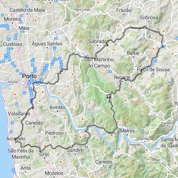 Miniatura do mapa de inspiração para ciclismo "Rota de Arcozelo a Serzedo pela Costa" em Norte, Portugal. Gerado pelo planejador de rotas de ciclismo Tarmacs.app