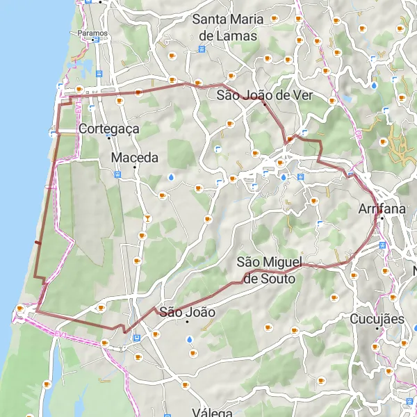 Miniatura do mapa de inspiração para ciclismo "Caminho da Costa de Arrifana" em Norte, Portugal. Gerado pelo planejador de rotas de ciclismo Tarmacs.app