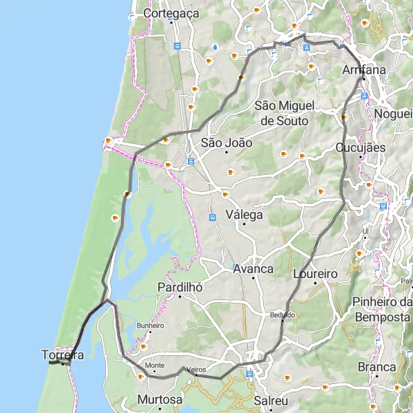 Miniatura do mapa de inspiração para ciclismo "Rota Costeira e Reservas Naturais" em Norte, Portugal. Gerado pelo planejador de rotas de ciclismo Tarmacs.app