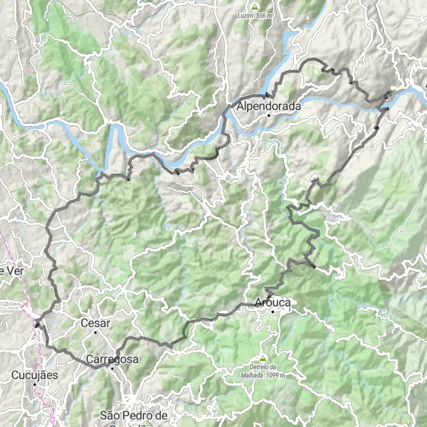 Miniatura do mapa de inspiração para ciclismo "Caminho pelas Montanhas de Arrifana" em Norte, Portugal. Gerado pelo planejador de rotas de ciclismo Tarmacs.app