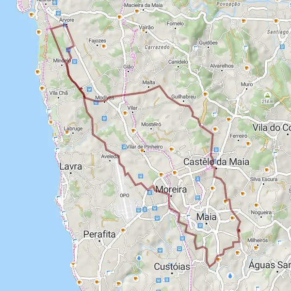 Miniatura do mapa de inspiração para ciclismo "Rota de aventura em Árvore" em Norte, Portugal. Gerado pelo planejador de rotas de ciclismo Tarmacs.app