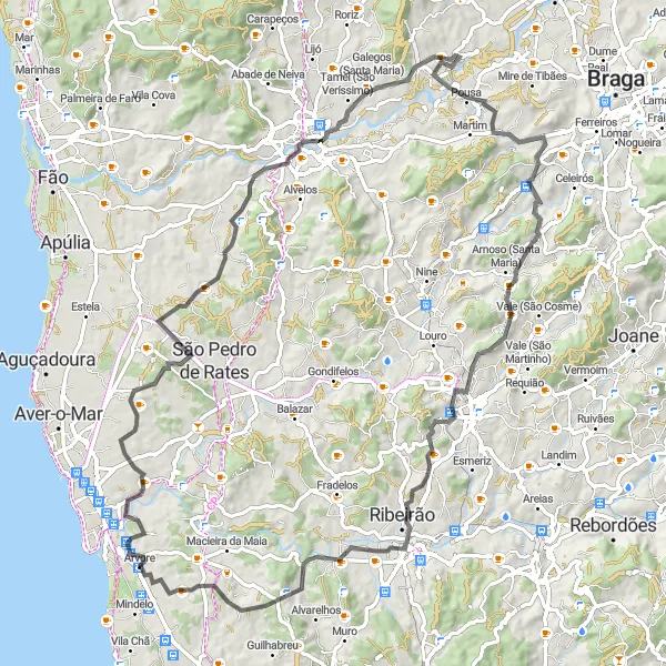 Miniatura do mapa de inspiração para ciclismo "Exploração histórica de Árvore" em Norte, Portugal. Gerado pelo planejador de rotas de ciclismo Tarmacs.app