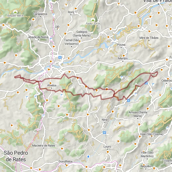 Map miniature of "Gravel Adventure through Tadim" cycling inspiration in Norte, Portugal. Generated by Tarmacs.app cycling route planner