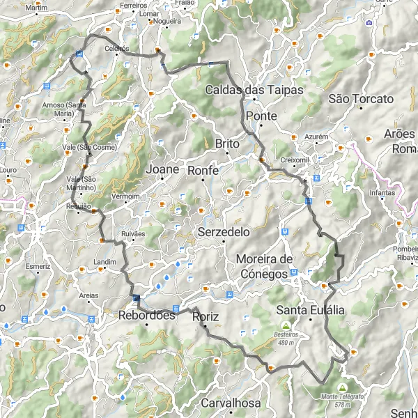 Miniatura do mapa de inspiração para ciclismo "Desafio Montanhoso de Aveleda" em Norte, Portugal. Gerado pelo planejador de rotas de ciclismo Tarmacs.app