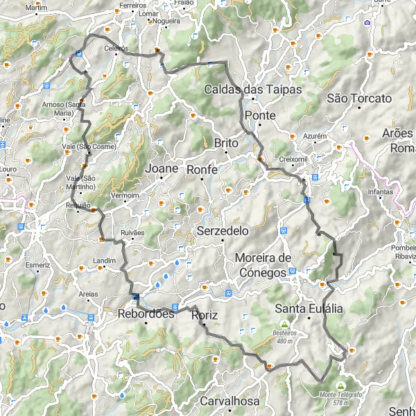 Map miniature of "Challenging Road Cycling in Outinho" cycling inspiration in Norte, Portugal. Generated by Tarmacs.app cycling route planner