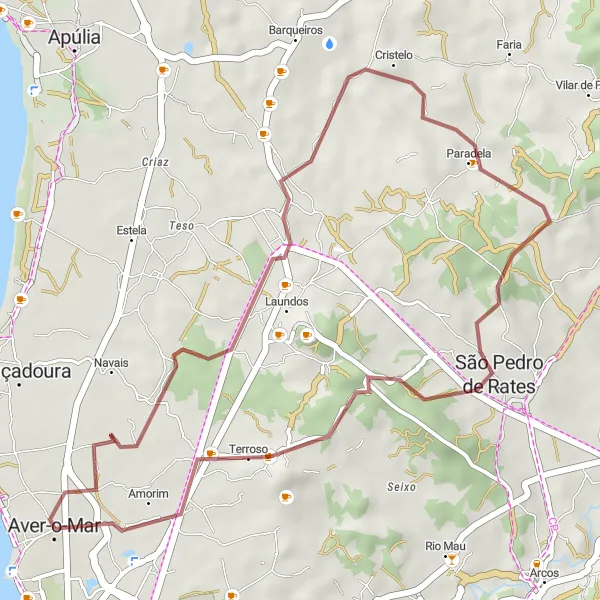 Miniatura do mapa de inspiração para ciclismo "Exploração Gravel São Pedro de Rates" em Norte, Portugal. Gerado pelo planejador de rotas de ciclismo Tarmacs.app