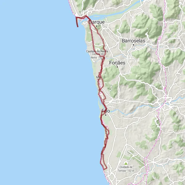 Miniatura do mapa de inspiração para ciclismo "Caminho da Costa Verde" em Norte, Portugal. Gerado pelo planejador de rotas de ciclismo Tarmacs.app