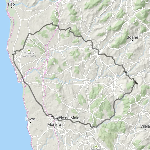 Miniatura do mapa de inspiração para ciclismo "Rota das Colinas de Póvoa de Varzim" em Norte, Portugal. Gerado pelo planejador de rotas de ciclismo Tarmacs.app