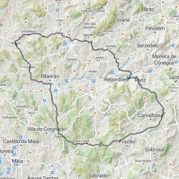 Miniatura do mapa de inspiração para ciclismo "Rota de Ciclismo de Estrada de Balazar a Fradelos" em Norte, Portugal. Gerado pelo planejador de rotas de ciclismo Tarmacs.app