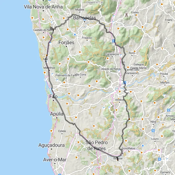 Miniatura do mapa de inspiração para ciclismo "Rota de Ciclismo de Estrada de Balazar a Chorente" em Norte, Portugal. Gerado pelo planejador de rotas de ciclismo Tarmacs.app