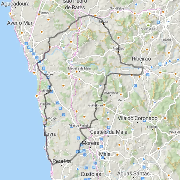 Miniatura do mapa de inspiração para ciclismo "Caminho da Costa" em Norte, Portugal. Gerado pelo planejador de rotas de ciclismo Tarmacs.app