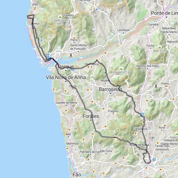 Miniatura do mapa de inspiração para ciclismo "Aventura até Abade de Neiva" em Norte, Portugal. Gerado pelo planejador de rotas de ciclismo Tarmacs.app