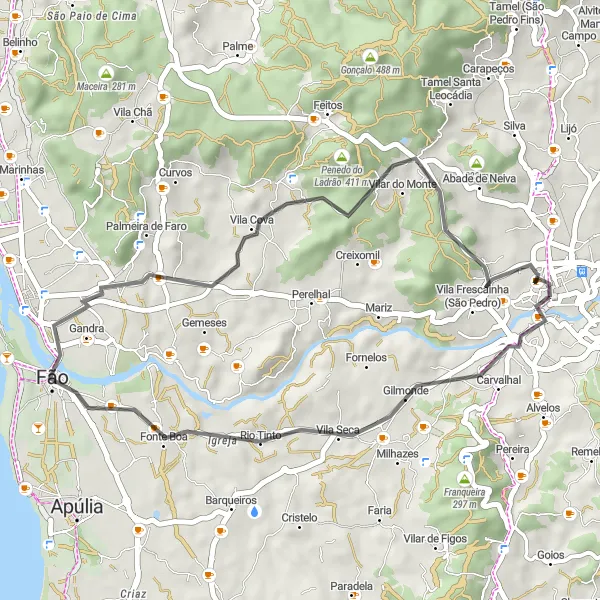Miniatura do mapa de inspiração para ciclismo "Barcelos para Vilar do Monte" em Norte, Portugal. Gerado pelo planejador de rotas de ciclismo Tarmacs.app
